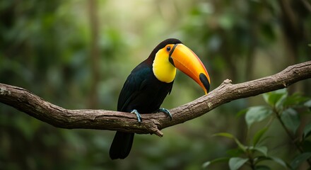 緑深い森、鮮やかオニオオハシ静かに佇む。柔らかな光浴びて. AI Generated