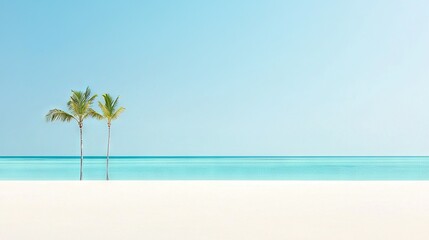Fototapeta premium A pair of palm trees resting atop a white sand shore beside the ocean on a bright day
