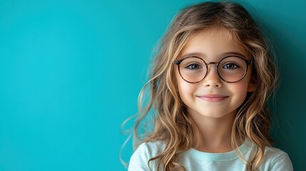 Obraz premium A young girl with long hair and glasses is smiling at the camera