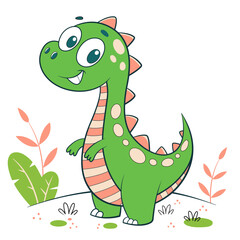 Friendly cartoon dinosaur in vector style. A cheerful green character on a natural background, perfect for children's design and printing. Vector illustration EPS10.
