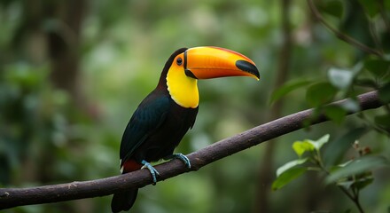 緑葉輝く熱帯雨林、鮮やか色彩のオニオオハシ静かに佇む. AI Generated