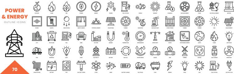 Naklejka premium power and energy outline icon collection. Vector illustration