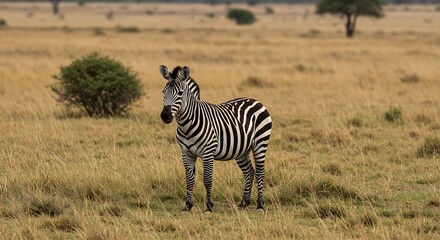 Naklejka premium 草原に立つシマウマ 夕日輝く 美しい縞模様. AI Generated