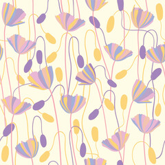 Botanical vector seamless pattern. Colorful floral background. Modern flat linear design for fabric. Blooming poppy flowers, stems and buds allover print.