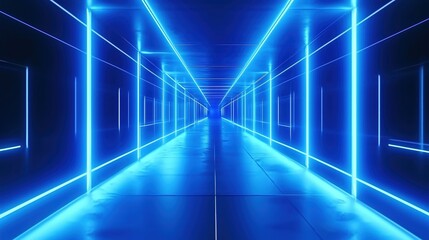 Illuminated Futuristic Corridor with Striking Blue Neon Lights and Reflective Surfaces Evoking a Sense of Wonder
