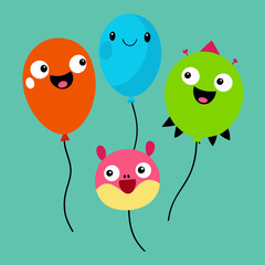 Funny colorful flying balloons with crazy animal vector illustration 