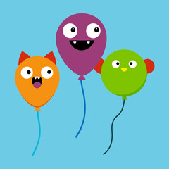 Funny colorful flying balloons with crazy animal vector illustration 