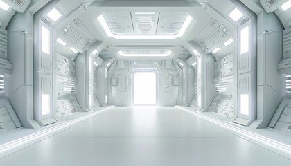 Obraz premium White space ship tunnel walkway minimal modern science fiction futuristic glowing light empty room design interior door.