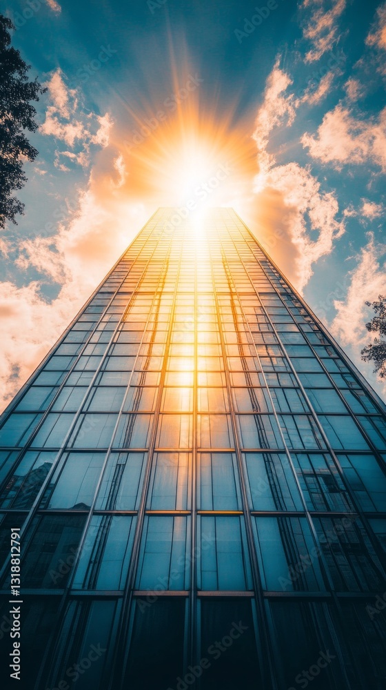 Poster a striking view of a modern skyscraper glimmers as the sun sets, casting brilliant reflections on it