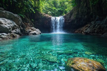 Fototapeta premium Tropical hidden waterfall surrounded by lush greenery