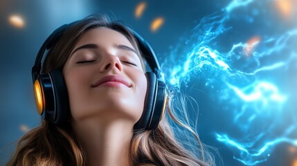 Woman is wearing headphones and smiling. Concept of relaxation and enjoyment as the woman listens to music