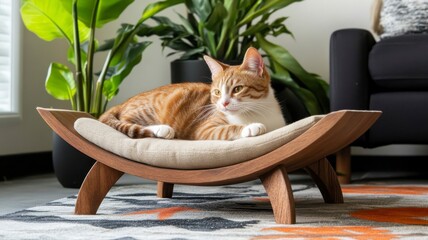 Fototapeta na wymiar Environmental Impact Pets concept A cat relaxing on a stylish wooden pet bed with plants in the background.