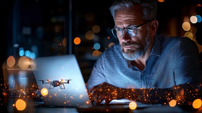 Business meeting with a focused man working on laptop discussing drone logistics in a serious and professional environment - Powered by Adobe