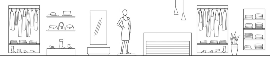 Dress store interior graphic black white long sketch illustration vector 