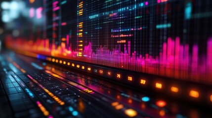 Fototapeta premium Vibrant digital sound wave visualization on a sleek interface with glowing elements