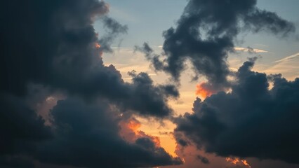 Thick dark clouds gather at sunset casting a moody gloom, environment, clouds