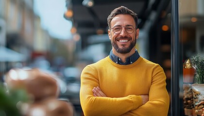 Fototapeta premium Man in a yellow sweater is smiling and posing for a picture. He is standing in front of a store with a window display of food
