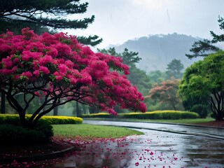 Fototapeta premium Pink Blossoms in a Rainy Garden
