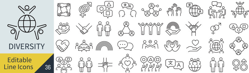 線の編集ができるダイバーシティに関するアイコンセット（アウトライン化していない）
