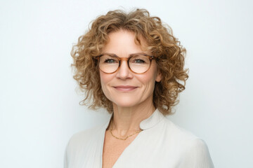 Obraz premium A confident middle-aged woman with curly hair and glasses smiles warmly against a plain white background, embodying professionalism and approachability