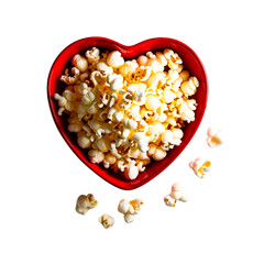 Heart-Shaped Red Ceramic Bowl Filled with Fluffy White Popcorn – High-Resolution Valentine's Day Movie Snack with Studio Lighting on a Clean PNG Background, popcorn, heart-shaped bowl