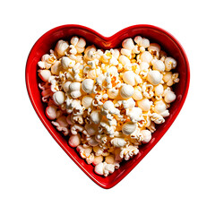 Heart-Shaped Red Ceramic Bowl Filled with Fluffy White Popcorn – High-Resolution Valentine's Day Movie Snack with Studio Lighting on a Clean PNG Background, popcorn, heart-shaped bowl