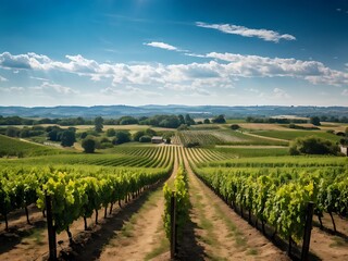 Naklejka premium Vineyard Landscape with Blue Sky and White Clouds