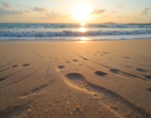 Breathtaking panoramic view of a tranquil beach at sunset. Gentle waves kiss the golden shore, while footprints in the sand lead toward the horizon beneath a sky painted with vibrant clouds.