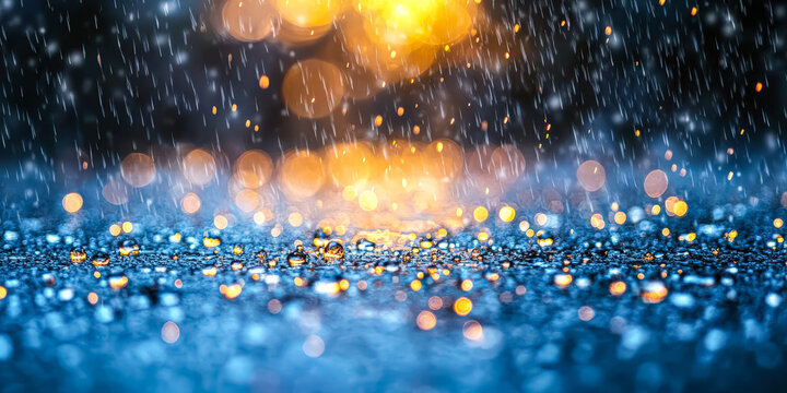 Blurry image of raindrops on a wet surface. The raindrops are scattered all over the surface, creating a sense of movement and energy. Scene is one of excitement and liveliness