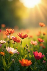Fototapeta premium Soft morning sunlight filtering through a field of flowers, botanical, macro photography