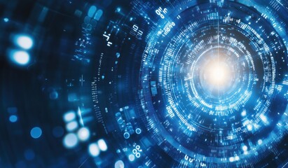 Obraz premium Abstract digital technology background with glowing circular patterns and data streams.