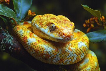 Fototapeta premium Colorful yellow snake resting on a branch amidst lush green leaves during daylight hours