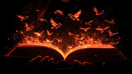 Glowing Open Book Releasing Birds of Light Symbolizing Knowledge and Freedom