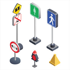 Realistic 3D Road Sign Icons with Reflective Surfaces and Smooth Shading