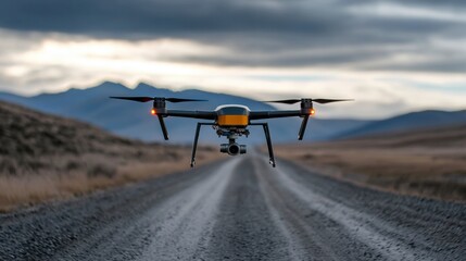 Drone positioned on road capturing surrounding landscape and infrastructure while surveying the area for detailed analysis and data collection