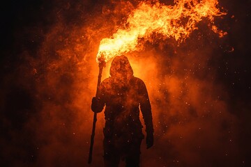 Mysterious figure holding a flaming torch in a dark, smoky environment at night