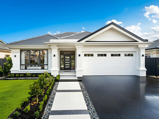 Suburban Bungalow with White Garage and Black Driveway, Clear Day.