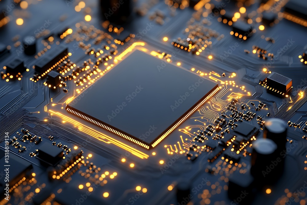 Wall mural intricate circuit board with glowing processor