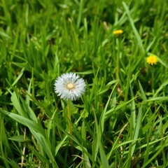 Single dandelion flower on a lush green meadow with a few blades of grass, flowers, garden, foliage