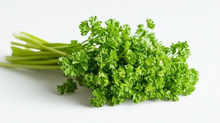 Fototapeta premium Fresh curly parsley on white background showcasing vibrant green leaves with detailed texture, ideal for culinary presentations, organic food concepts, and healthy eating visuals