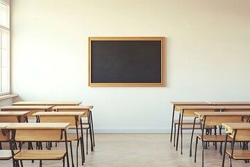 Empty Classroom with Wooden Desks and Blackboard