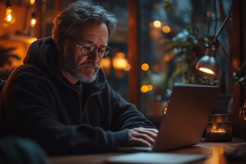 Middle-aged man focused on work in a cozy, dimly lit room with warm ambiance