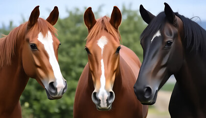 Obraz premium Three Noble Steeds: A Trio of Horses with Distinct Coats Stand United Against a Verdant Backdrop their Calm Demeanor and Expressive Eyes Evoking a Sense of Tranquility and Connection with Nature