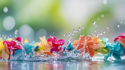 Vibrant water droplet splashes on colorful floral garland, sunlight reflecting, tropical greenery blurred, festive and refreshing.
