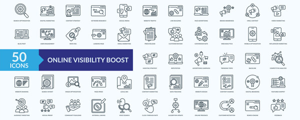 Online visibility boost icon collection set with search optimization, digital marketing, keyword research,web analytics, influencer marketing
