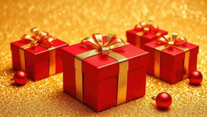 Obraz premium Red gift box with golden foil, placed on a glittering gold background, gift boxes, decorations, red