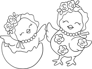 Retro easter chick outline vector with a playful and cute hand-drawn design
