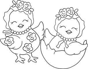 Retro easter chick outline vector with a playful and cute hand-drawn design