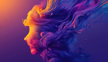 Abstract female face profile, vibrant colors, flowing paint.