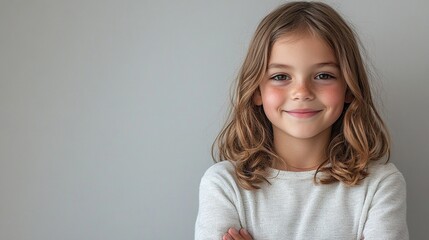 Obraz premium A young girl with long brown hair is smiling and posing for a picture